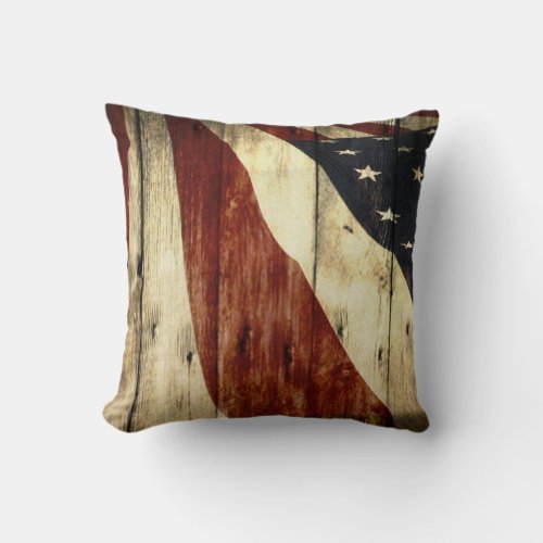 Primitive Americana Barn Wood American Flag Throw Pillow