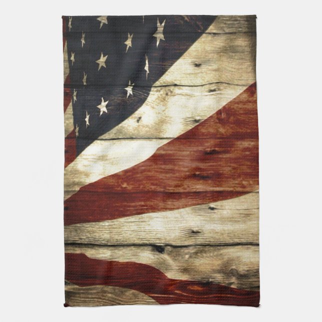 Primitive Americana woodgrain American Flag Towel (Vertical)