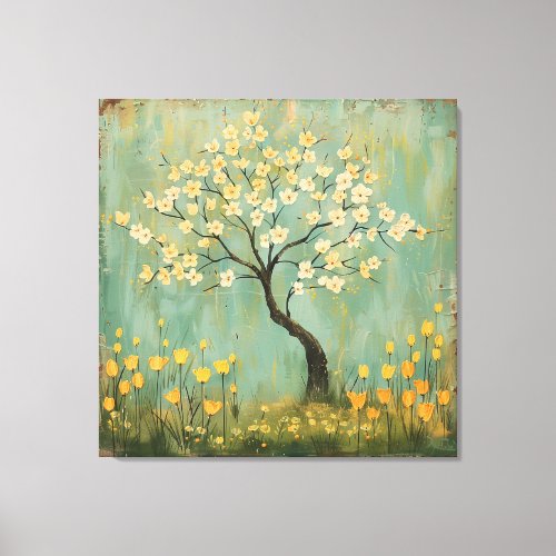 Primitive Apple Blossom Tree Spring Yellow Tulips Canvas Print
