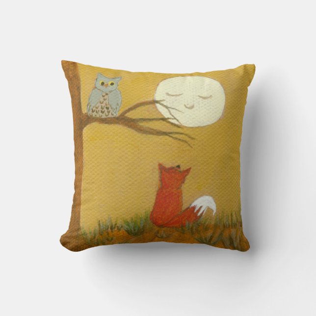 Primitive Art Painting Woodland Fox Owl Moon Throw Pillow (Front)