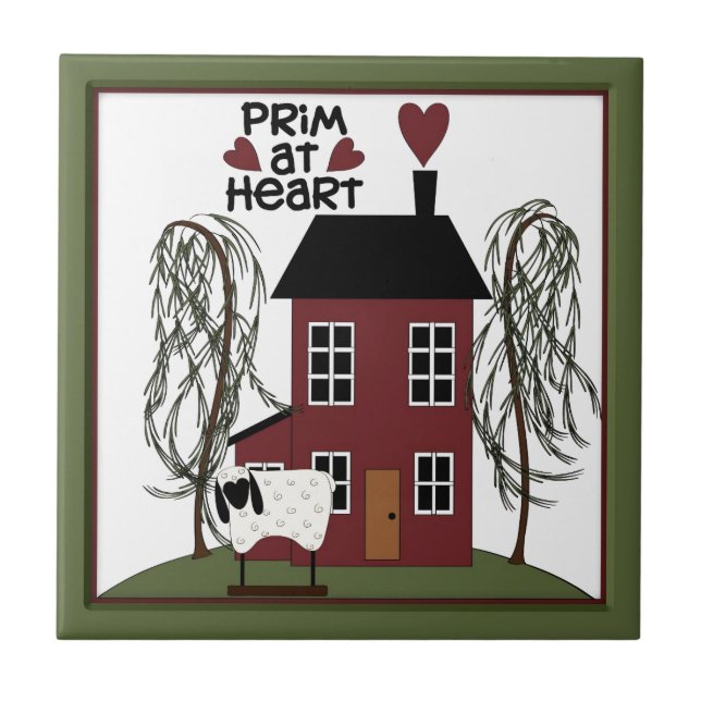 Primitive at Heart Country Sheep & House Ceramic Tile (Front)