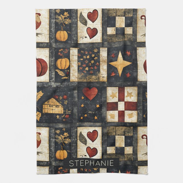 Primitive Autumn Quilt Pattern | Farmhouse Harvest Kitchen Towel (Vertical)