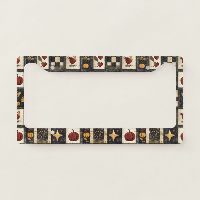 Primitive Autumn Quilt Pattern | Farmhouse Harvest License Plate Frame (Front)