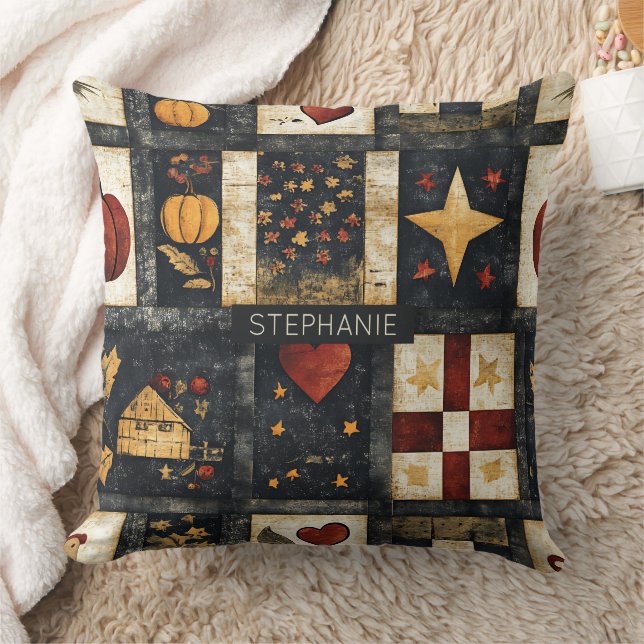 Primitive Autumn Quilt Pattern | Farmhouse Harvest Throw Pillow (Blanket)