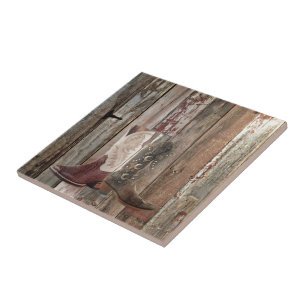 Primitive barn wood country Western Cowboy Boot Ceramic Tile