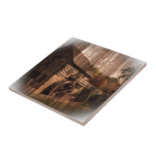Primitive Barn Wood farmhouse mill water wheel Ceramic Tile