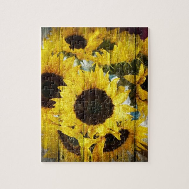 Primitive Barn Wood Western Country Sunflower Jigsaw Puzzle (Vertical)
