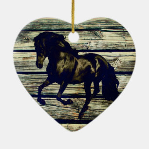 Primitive BarnWood Equestrian Black Stallion Horse Ceramic Ornament