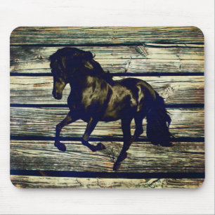 Primitive BarnWood Equestrian Black Stallion Horse Mouse Pad