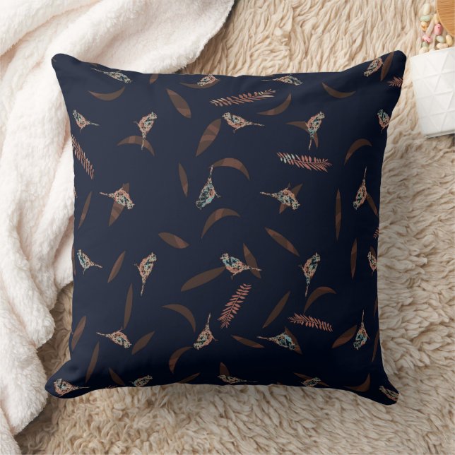 Primitive Birds Leaves and Branches Blue Rust Throw Pillow (Blanket)