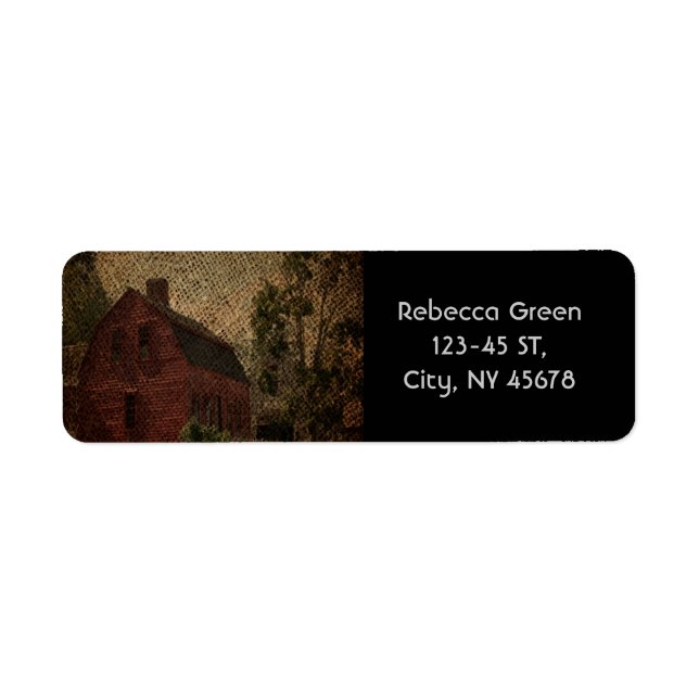 Primitive burlap country farmhouse red barn label (Front)