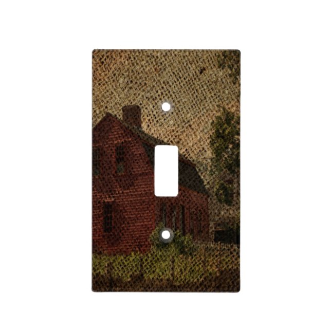 Primitive burlap country farmhouse red barn light switch cover (Front)