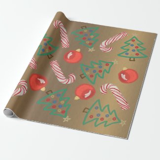 Primitive Candy Cane Christmas Tree Red Ornament Wrapping Paper