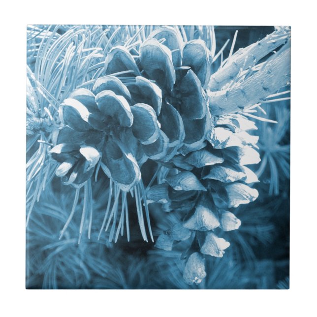 Primitive Christmas pine tree ice blue pinecone Ceramic Tile (Front)