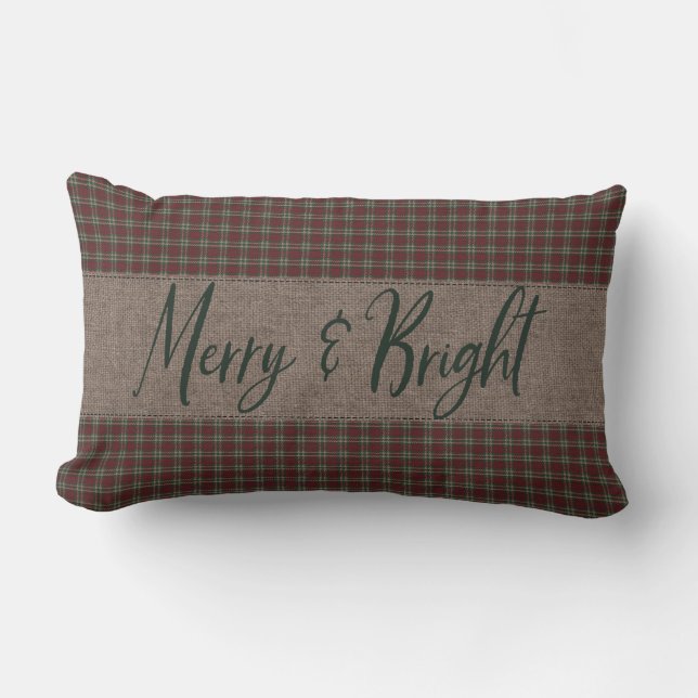 Primitive Christmas Red & Green Homespun Merry Lumbar Pillow (Front)