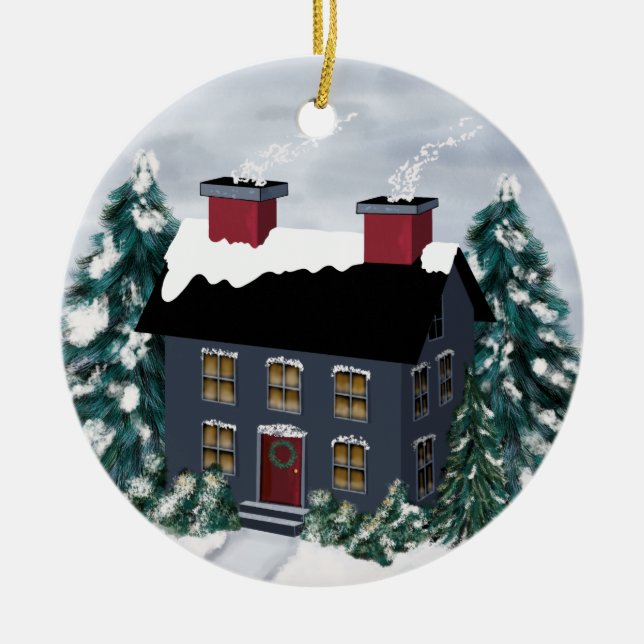 Primitive Christmas Scene House Ornament (Front)