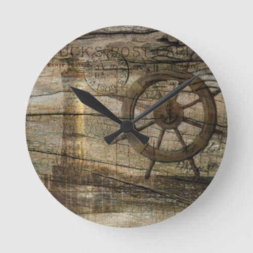 Primitive Coastal Nautical Helm Wheel lighthouse Round Clock