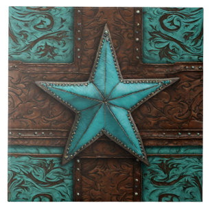 Primitive Country Brown Turquoise Western Star  Ceramic Tile