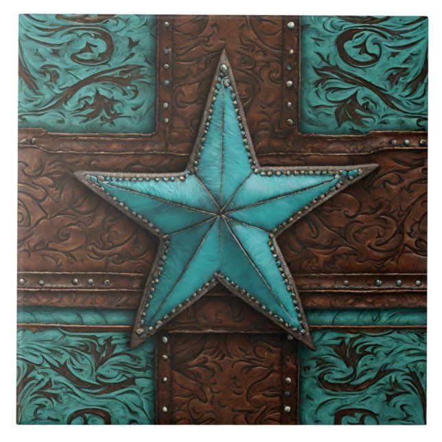 Primitive Country Brown Turquoise Western Star  Ceramic Tile (Front)