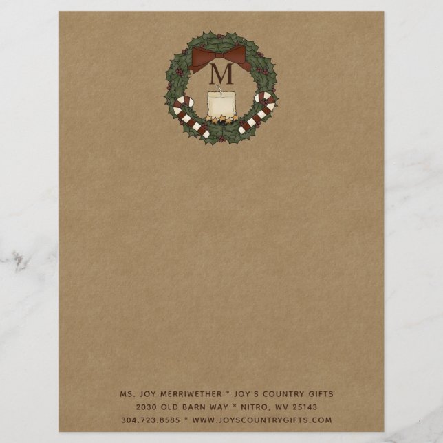 Primitive Country Christmas Wreath Monogrammed Letterhead (Front)