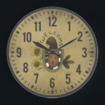 Primitive Country Crow and Sunflowers Rustic Clock<br><div class="desc">Primitive Country Crow and Sunflowers Rustic Clock  with cute welcome typography. The perfect clock for the primitive lover's home,  office or business.</div>