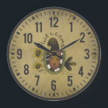 Primitive Country Crow and Sunflowers Rustic Clock<br><div class="desc">Primitive Country Crow and Sunflowers Rustic Clock  with cute welcome typography. The perfect clock for the primitive lover's home,  office or business.</div>
