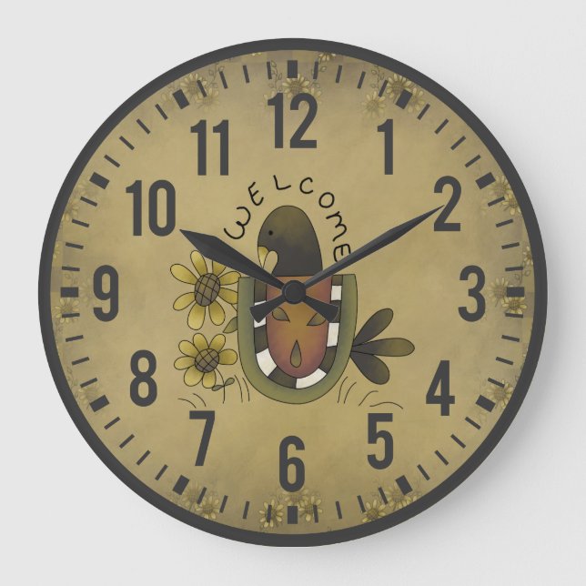 Primitive Country Crow and Sunflowers Rustic Clock (Front)