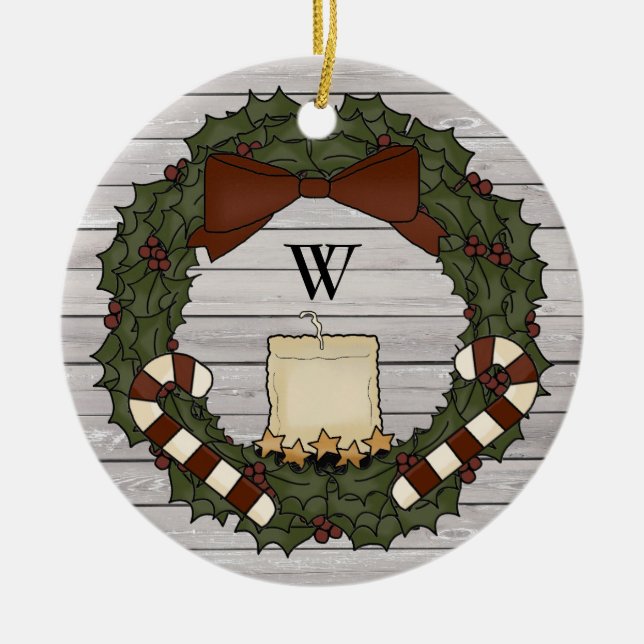 Primitive Country Farmhouse Holly Monogram Wreath Ceramic Ornament (Front)