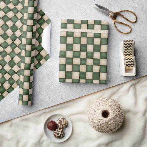 Primitive Country Green  and Tan Checked  Wrapping Paper