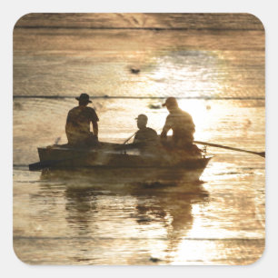 Primitive country lake boat canoe fishing square sticker