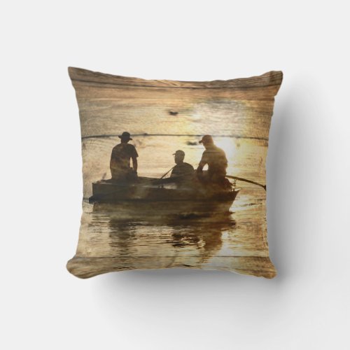 Primitive country lake boat canoe fishing throw pillow