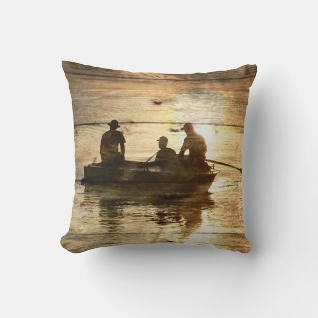 Primitive country lake boat canoe fishing throw pillow (Front)