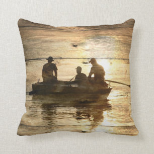 Primitive country lake boat canoe fishing throw pillow