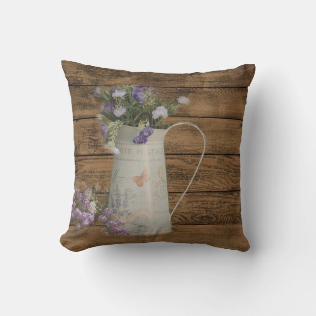 primitive country lavender rustic barn wood throw pillow (Front)