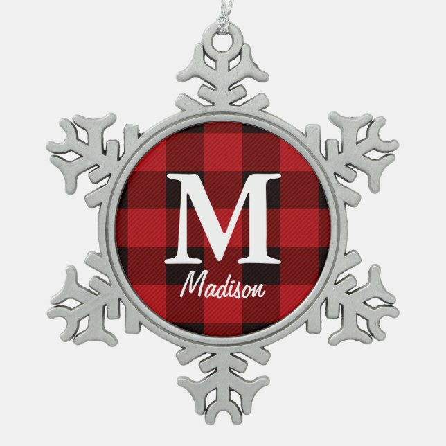 Primitive country lumberjack Red buffalo plaid Snowflake Pewter Christmas Ornament (Front)