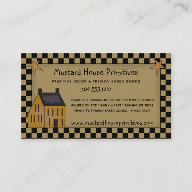 Primitive Country Mustard Saltbox House & Stars  Business Card (Front)
