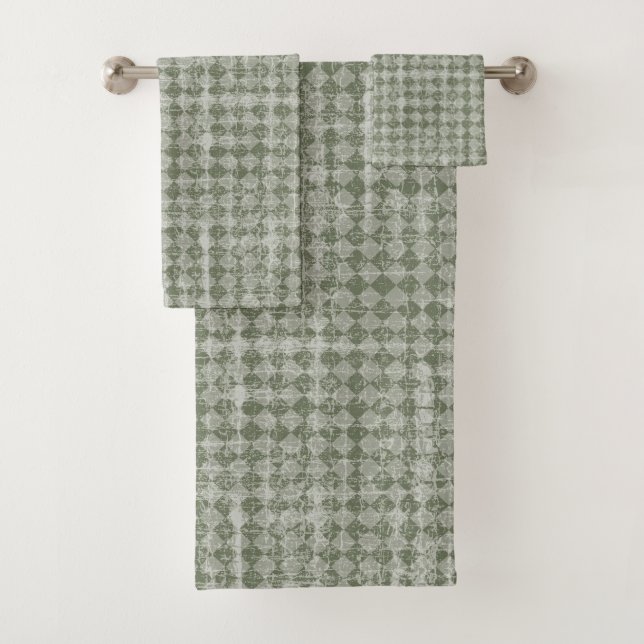 Primitive Country Olive Green Diamond Check Bath Towel Set (Insitu)