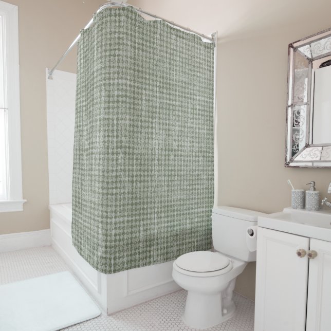 Primitive Country Olive Green Diamond Check Shower Curtain (In Situ)