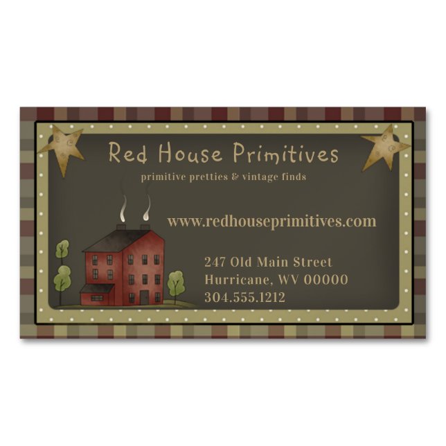 Primitive Country Red Saltbox House & Stars Business Card Magnet (Front)