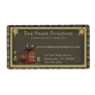 Primitive Country Red Saltbox House /Stars Label