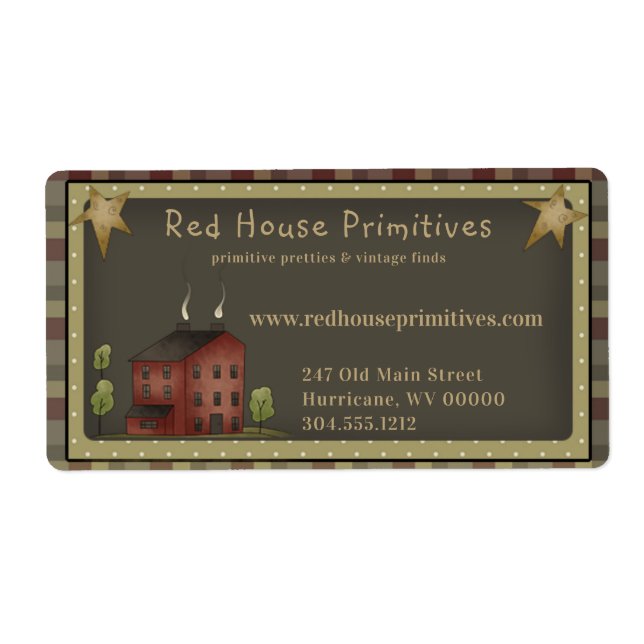 Primitive Country Red Saltbox House /Stars Label (Front)