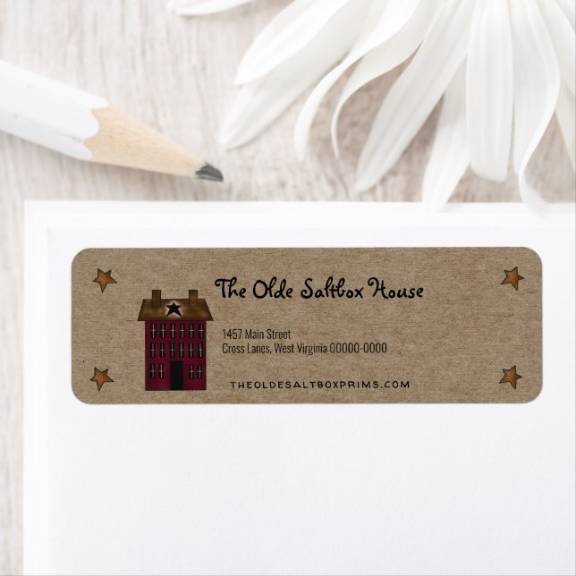 Primitive Country Saltbox House Rusty Stars Kraft Label (Insitu)