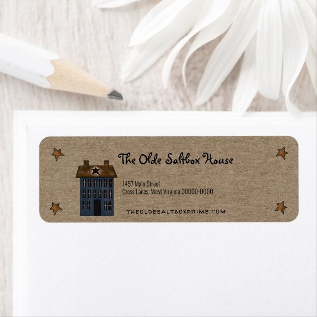 Primitive Country Saltbox House Rusty Stars Kraft Label (Insitu)