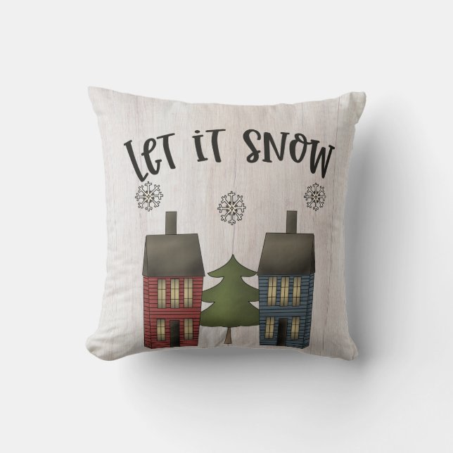 Primitive Country Saltbox Houses & Snowflakes Throw Pillow (Front)