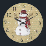 Primitive Country Snowman Clock<br><div class="desc">A primitive snowman dressed in his burgundy scarf and hat with twig berry arms and star buttons is set on a vintage background. Falling snow falls over the clock. Of course the snowman would need snow! A great gift for any primitive or snowman lover! Would look festive in any room...</div>