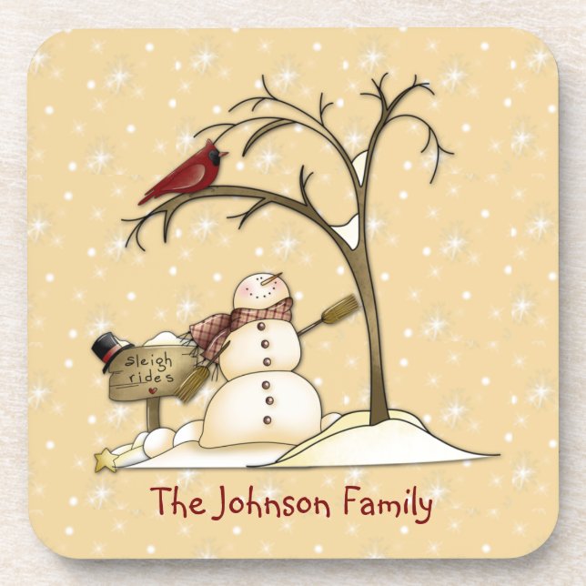 Primitive Country Snowman Red Bird Cork Coaster (Front)