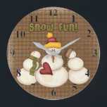Primitive Country Snowman SNOWFUN Large Clock<br><div class="desc">Add this SNOW FUN primitive snowman clock to any room in your country home. Three whimsical snowmen are all decked out in their winter best and are all ready to play in the snow. Falling snow around the perimeter of the clock. Background is country plaid. The snowman in the center...</div>