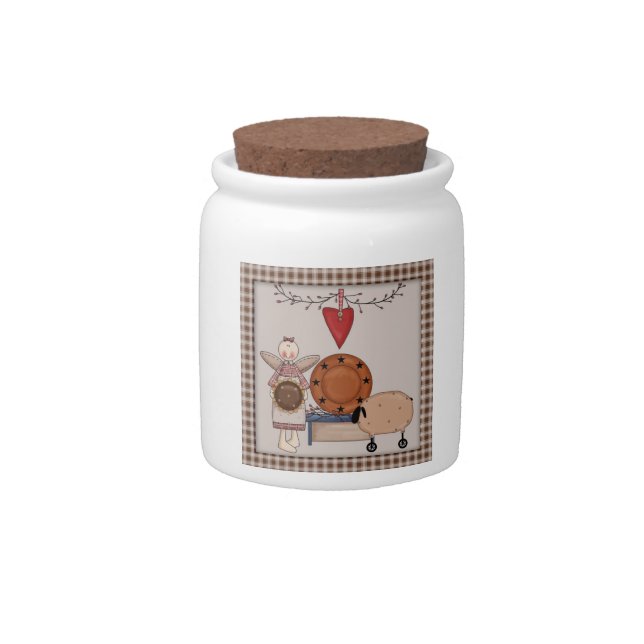 Primitive Country Sunflower Sheep & Angel Candy Jar (Front)