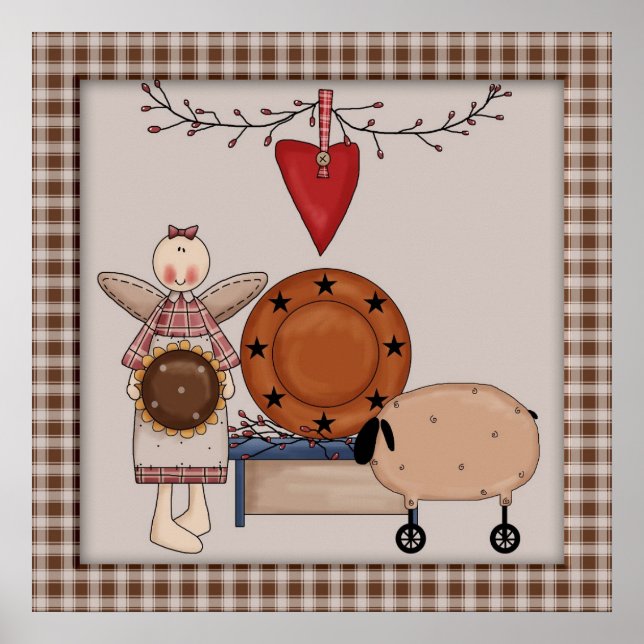 Primitive Country Sunflower Sheep & Angel Decor (Front)