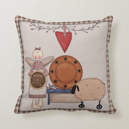 Primitive Country Sunflower Sheep Angel Decor Throw Pillow